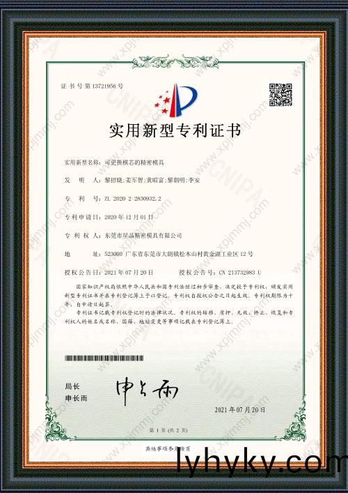 可(ke)更(geng)換(huan)糢(mo)芯(xin)的(de)精(jing)密(mi)糢(mo)具證書
